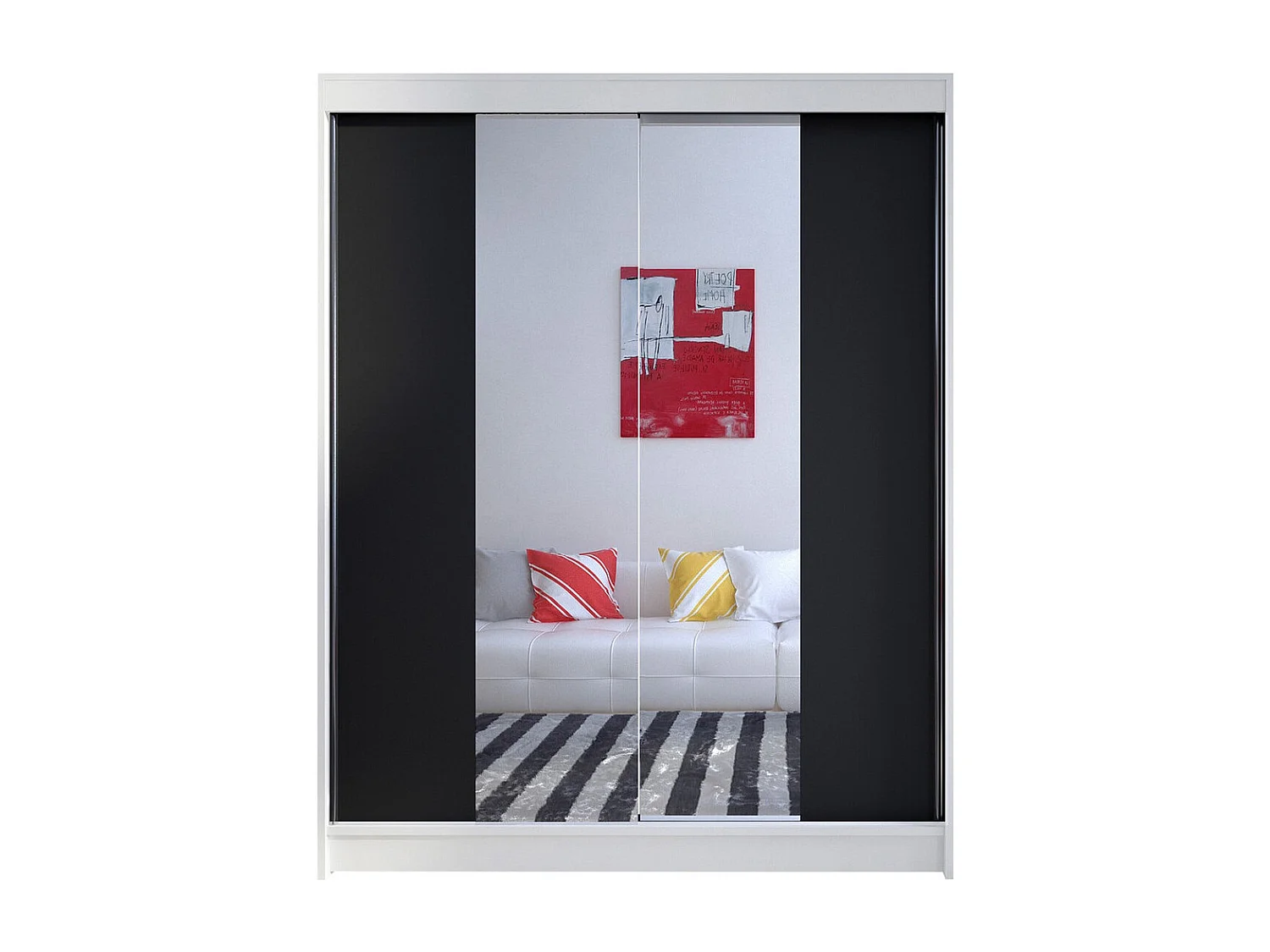 Armoire Closico 141, Noir|Blanc, 200x150x58cm, Portes d'armoire: Coulissantes