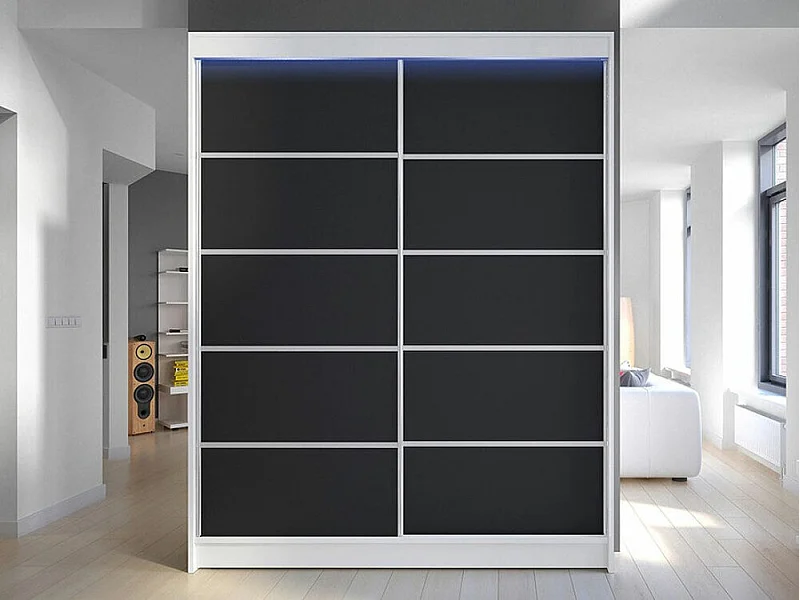 Armoire Closico 145, Noir|Blanc, 200x150x58cm, Portes d'armoire: Coulissantes