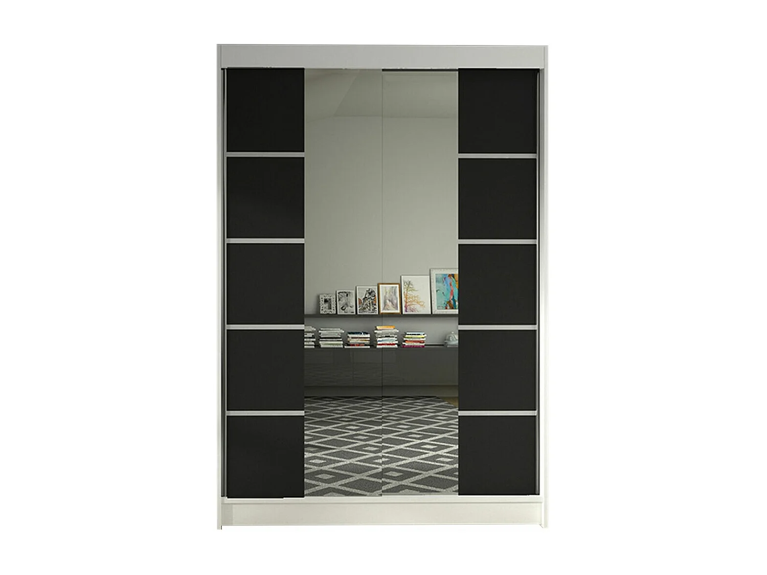 Armoire Closico Salvor V, Blanc|Noir, 200x120x58cm, Portes d'armoire: Coulissantes