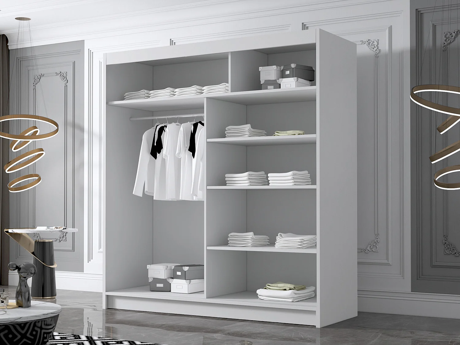 Armoire Closico 186, Noir|Blanc, 215x180x58cm, Portes d'armoire: Coulissantes