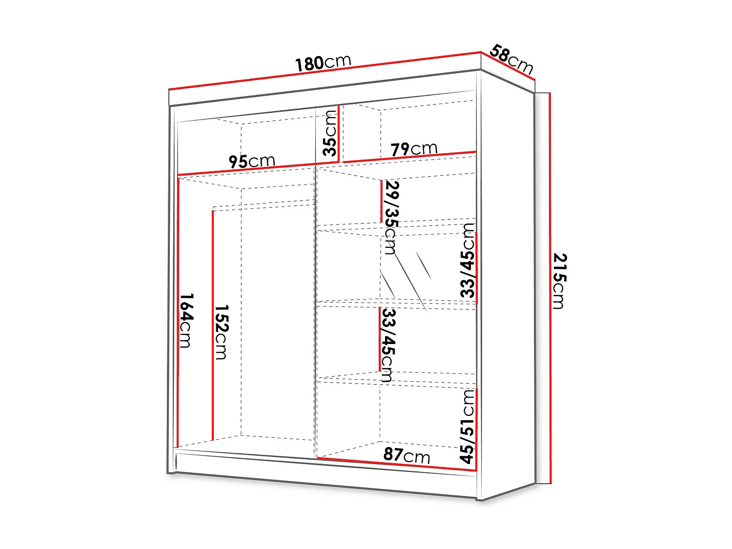 Armoire Closico 186, Noir|Blanc, 215x180x58cm, Portes d'armoire: Coulissantes