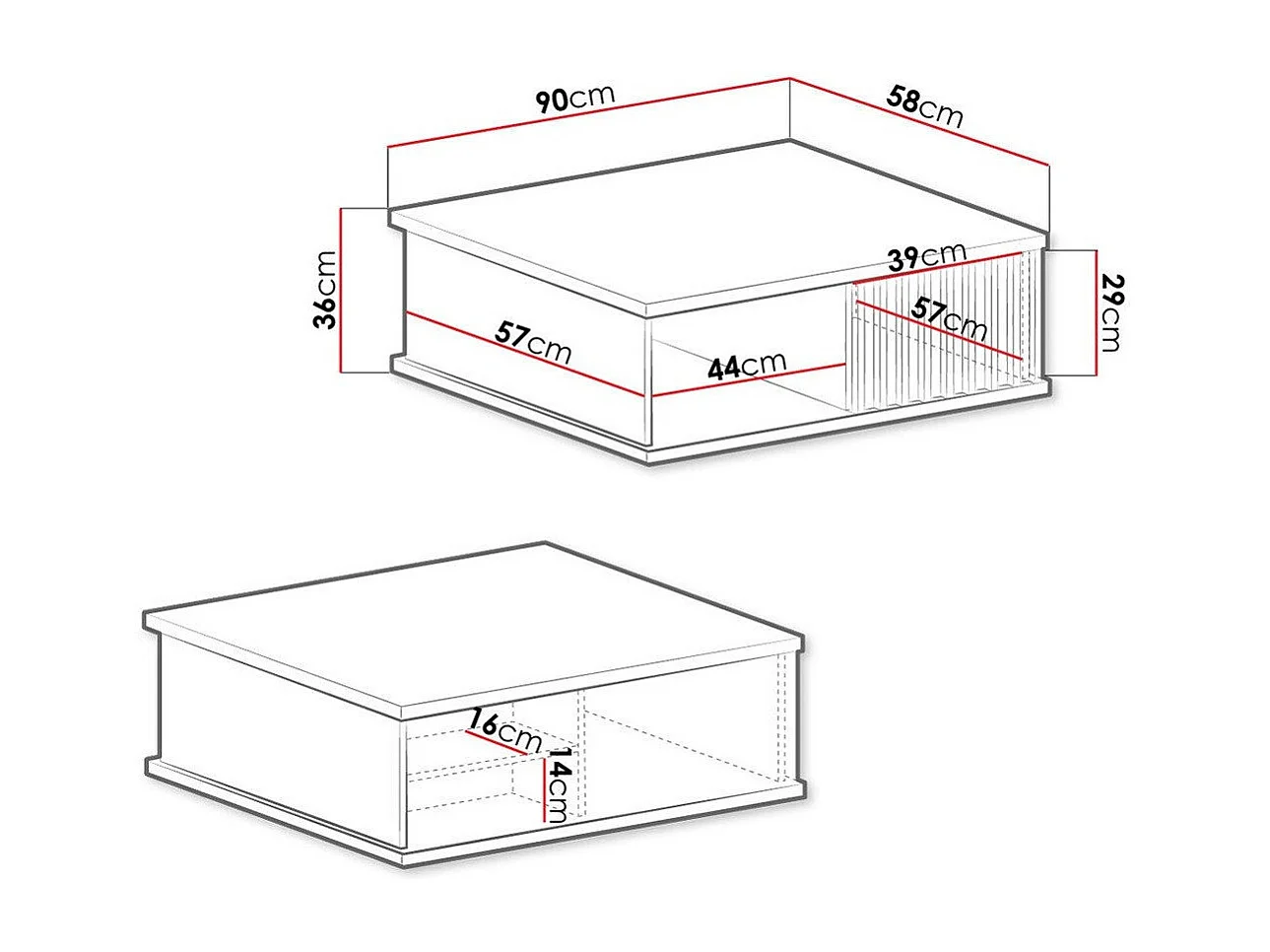 Table basse Venmava 107, Noir|Chêne Artisan, 36x58x90cm, Stratifié, Angulaire