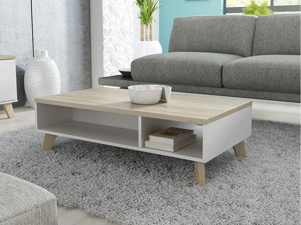 Table basse Larfloi 101, Blanc|Sonoma chêne, 35x60x110cm, Stratifié, Angulaire