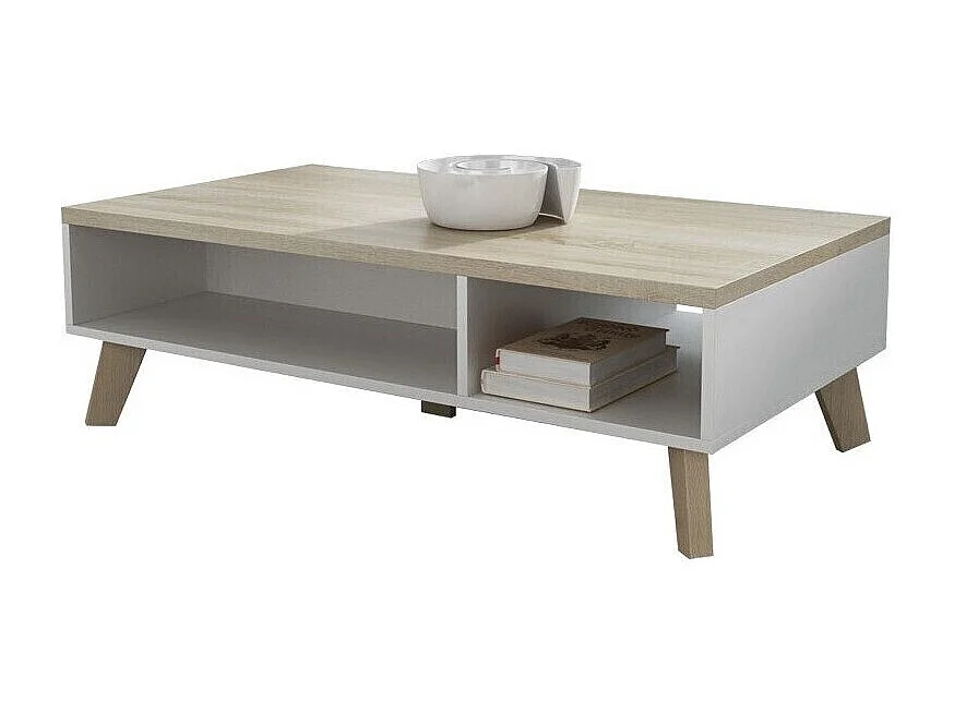 Table basse Larfloi 101, Blanc|Sonoma chêne, 35x60x110cm, Stratifié, Angulaire