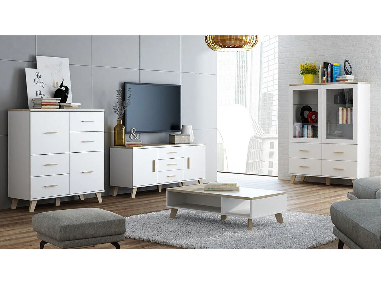 Table basse Larfloi 101, Blanc|Sonoma chêne, 35x60x110cm, Stratifié, Angulaire