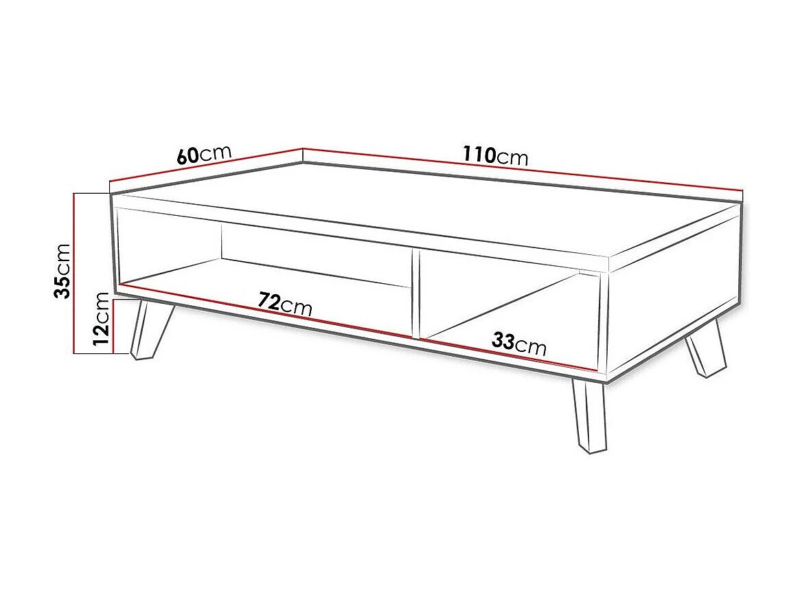 Table basse Larfloi 101, Blanc|Sonoma chêne, 35x60x110cm, Stratifié, Angulaire