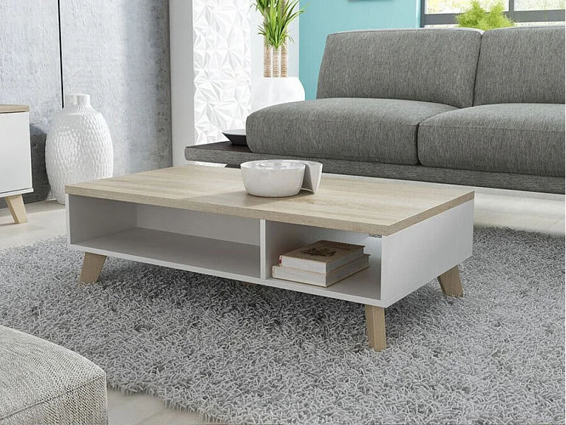 Table basse Larfloi 101, Blanc|Sonoma chêne, 35x60x110cm, Stratifié, Angulaire