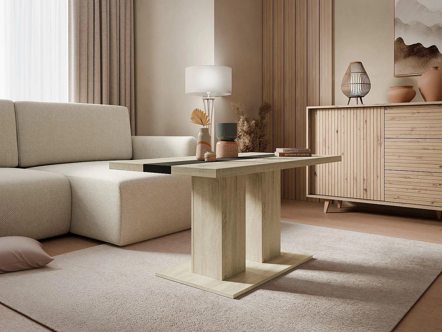 Table basse Tucson 147, Sonoma chêne|Noir, 53x60x110cm, Stratifié, Angulaire