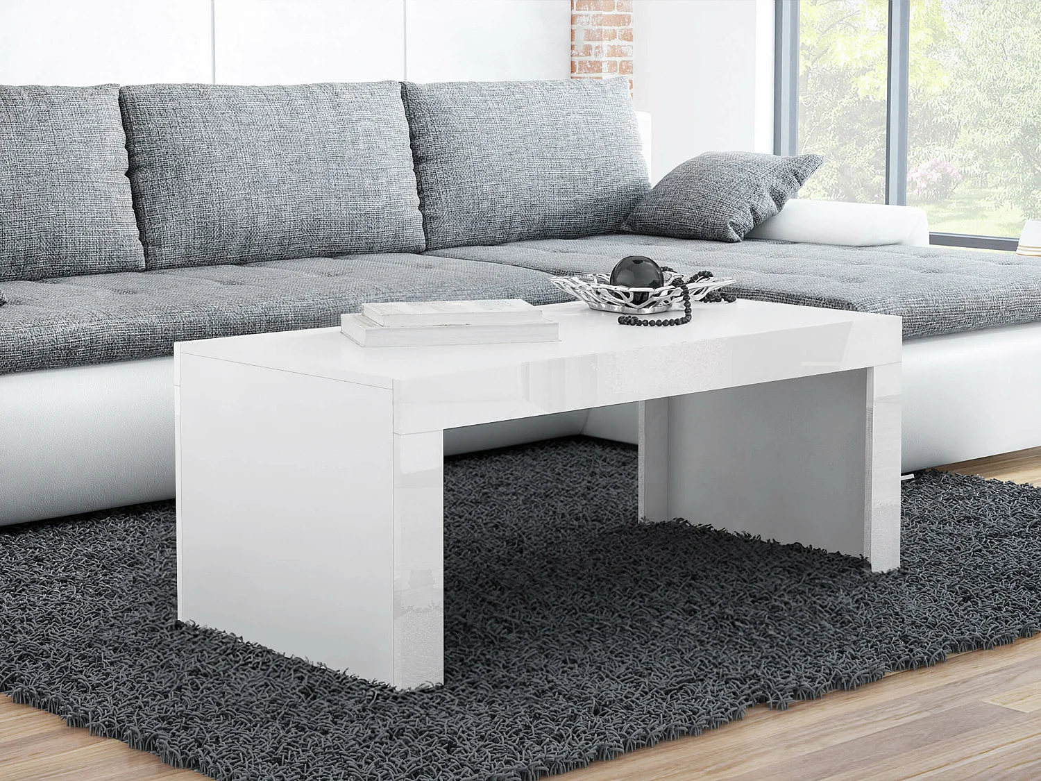 Table basse Charlotte 107, Blanc brillant|Blanc, 50x60x120cm, Stratifié, Angulaire