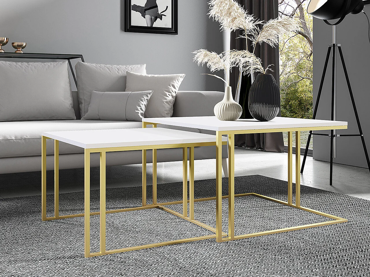 Ensemble tables basses Oswego 110, Doré|Blanc, 50x76x76cm, Stratifié, Angulaire