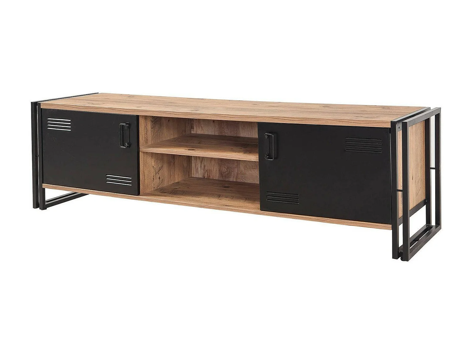 Meuble TV Polaris, Buffet de salon, Armoire basse pour TV, Base murale de rangement, 180x45h50 cm, Chêne et Noir