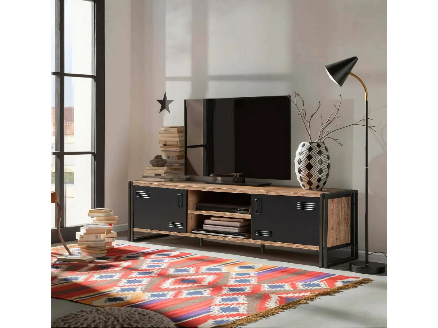 Meuble TV Polaris, Buffet de salon, Armoire basse pour TV, Base murale de rangement, 180x45h50 cm, Chêne et Noir
