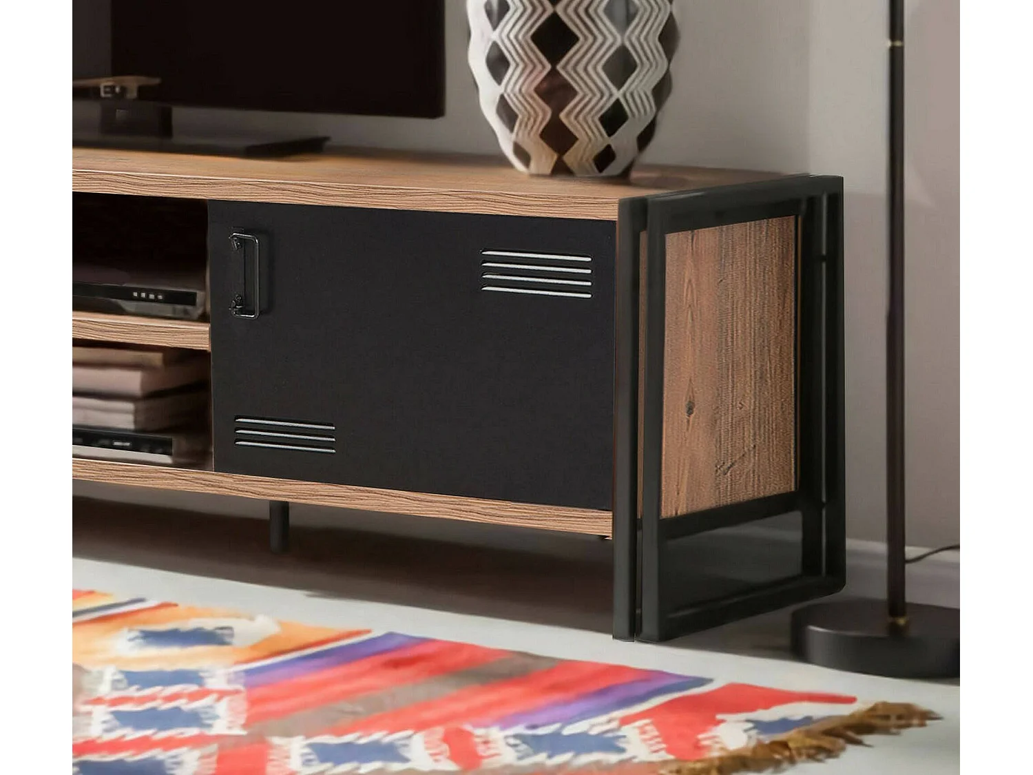 Meuble TV Polaris, Buffet de salon, Armoire basse pour TV, Base murale de rangement, 180x45h50 cm, Chêne et Noir
