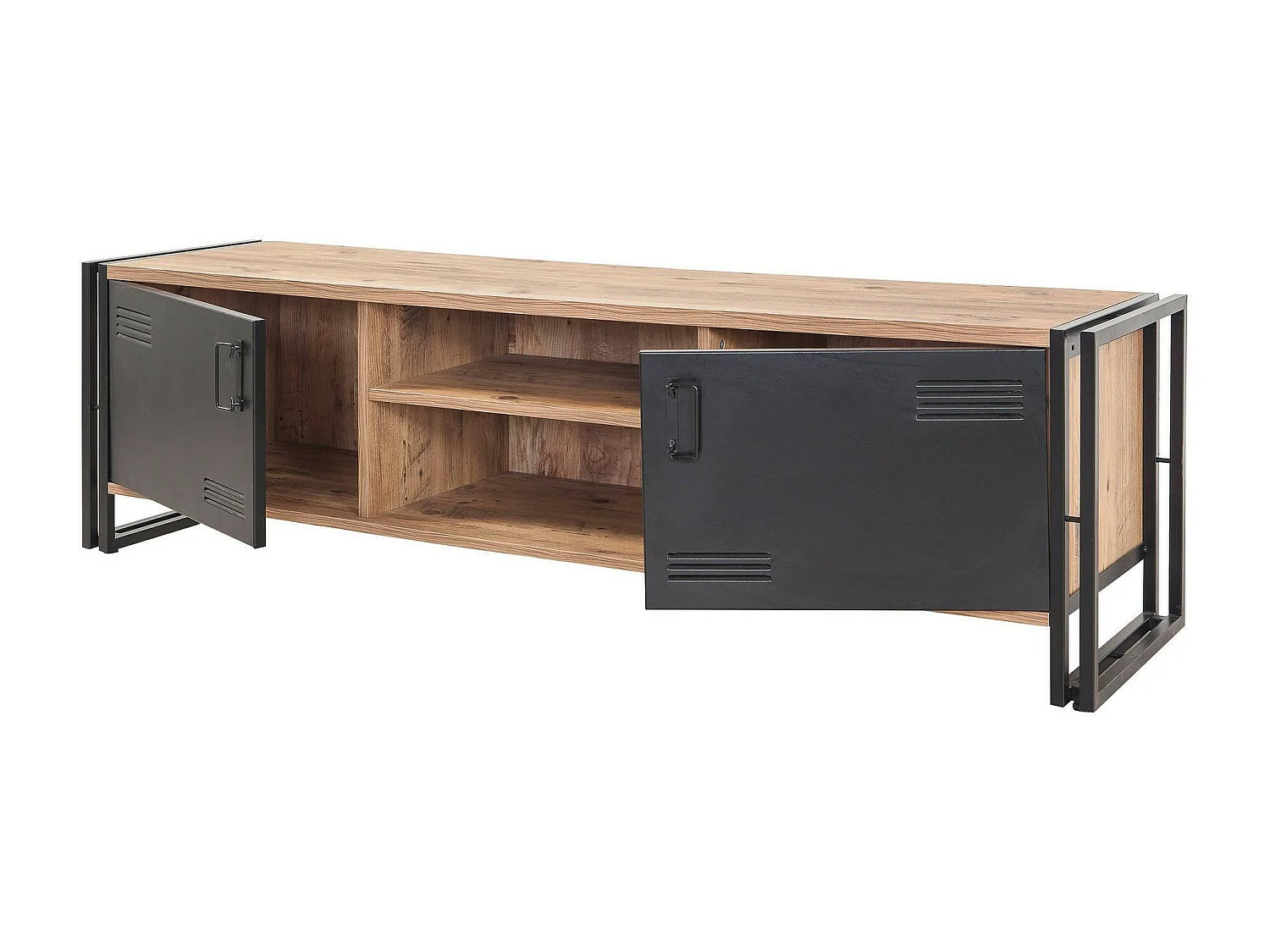 Meuble TV Polaris, Buffet de salon, Armoire basse pour TV, Base murale de rangement, 180x45h50 cm, Chêne et Noir