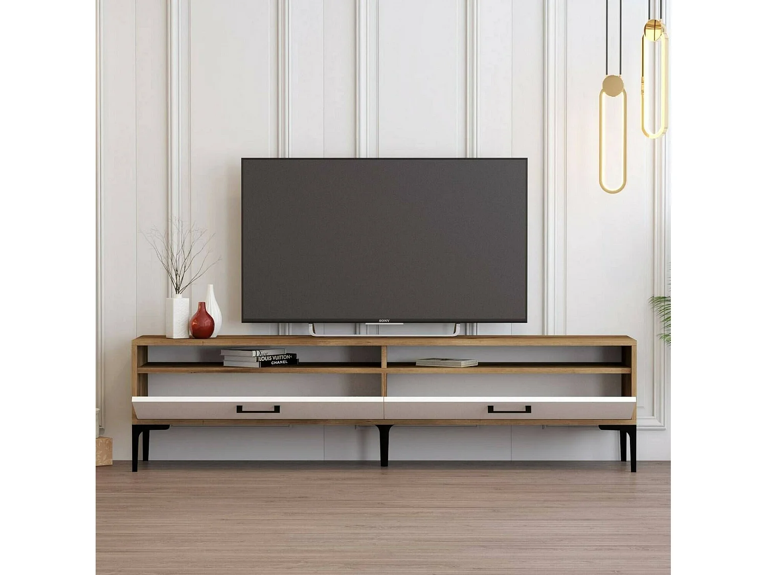 Meuble TV Eltanin, Buffet de salon, Armoire basse pour TV, Base murale de rangement, 47x35h180 cm, Noyer et Blanc