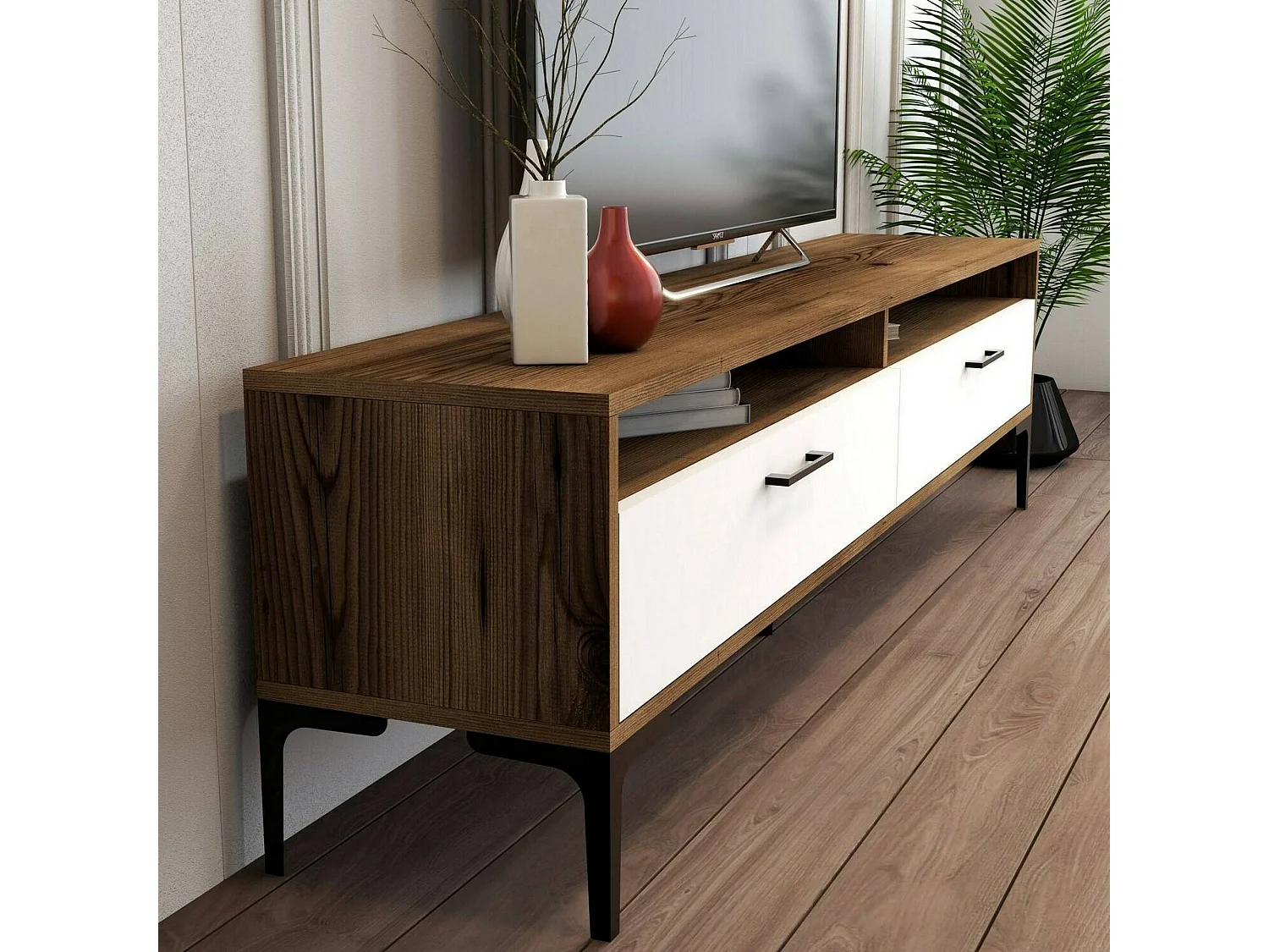 Meuble TV Eltanin, Buffet de salon, Armoire basse pour TV, Base murale de rangement, 47x35h180 cm, Noyer et Blanc