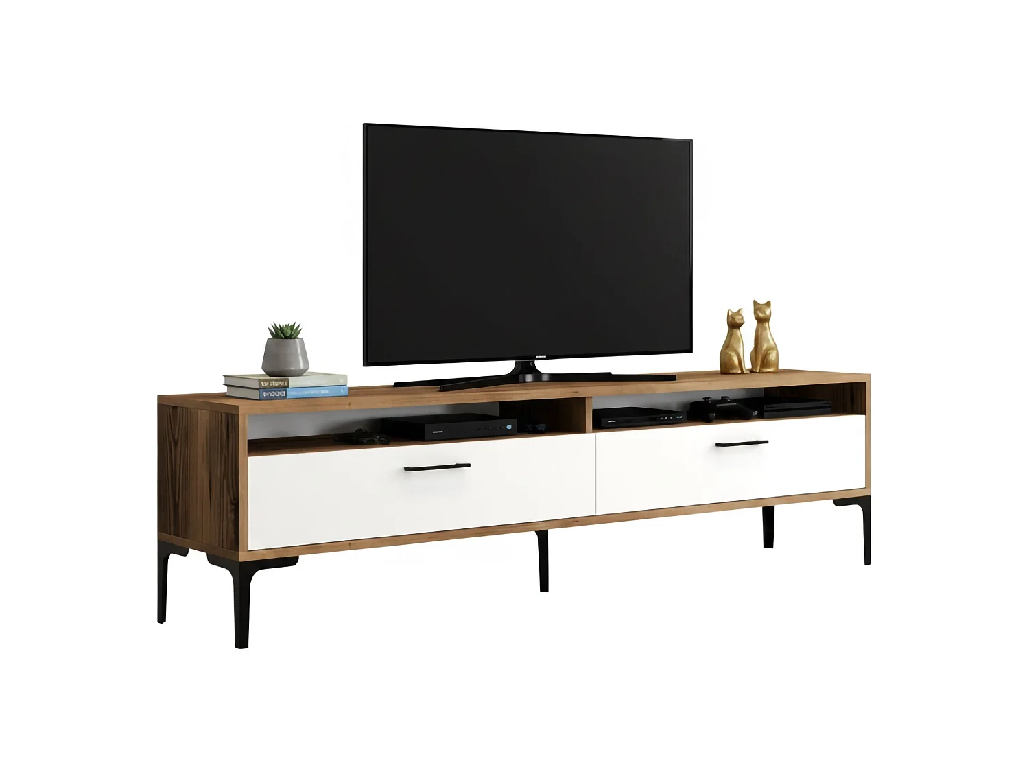 Meuble TV Eltanin, Buffet de salon, Armoire basse pour TV, Base murale de rangement, 47x35h180 cm, Noyer et Blanc