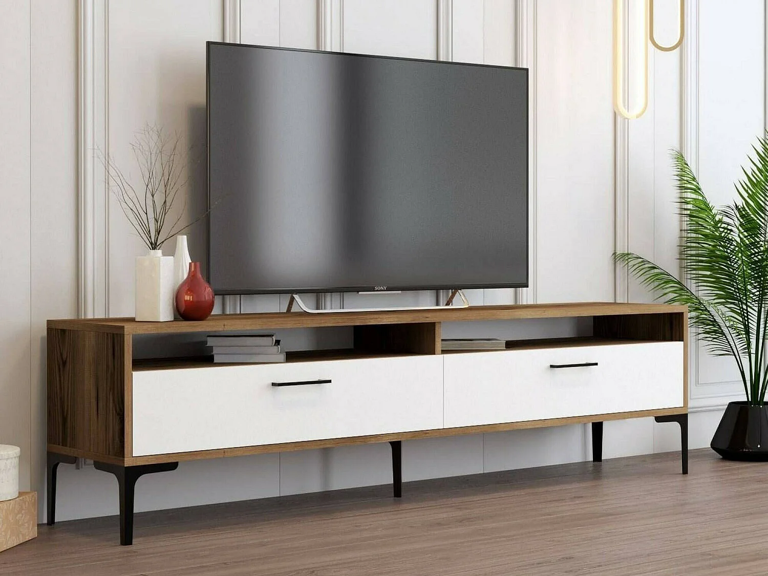 Meuble TV Eltanin, Buffet de salon, Armoire basse pour TV, Base murale de rangement, 47x35h180 cm, Noyer et Blanc