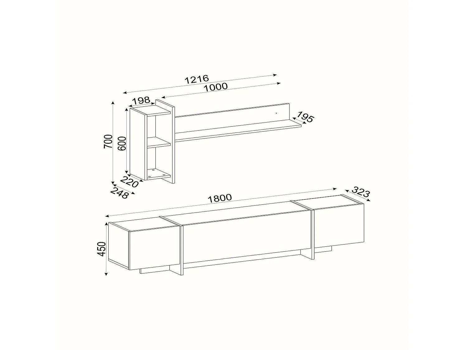 Mobile Porta tv Beinasco, 2 Ripiani, 32.3x180x45h cm Nero