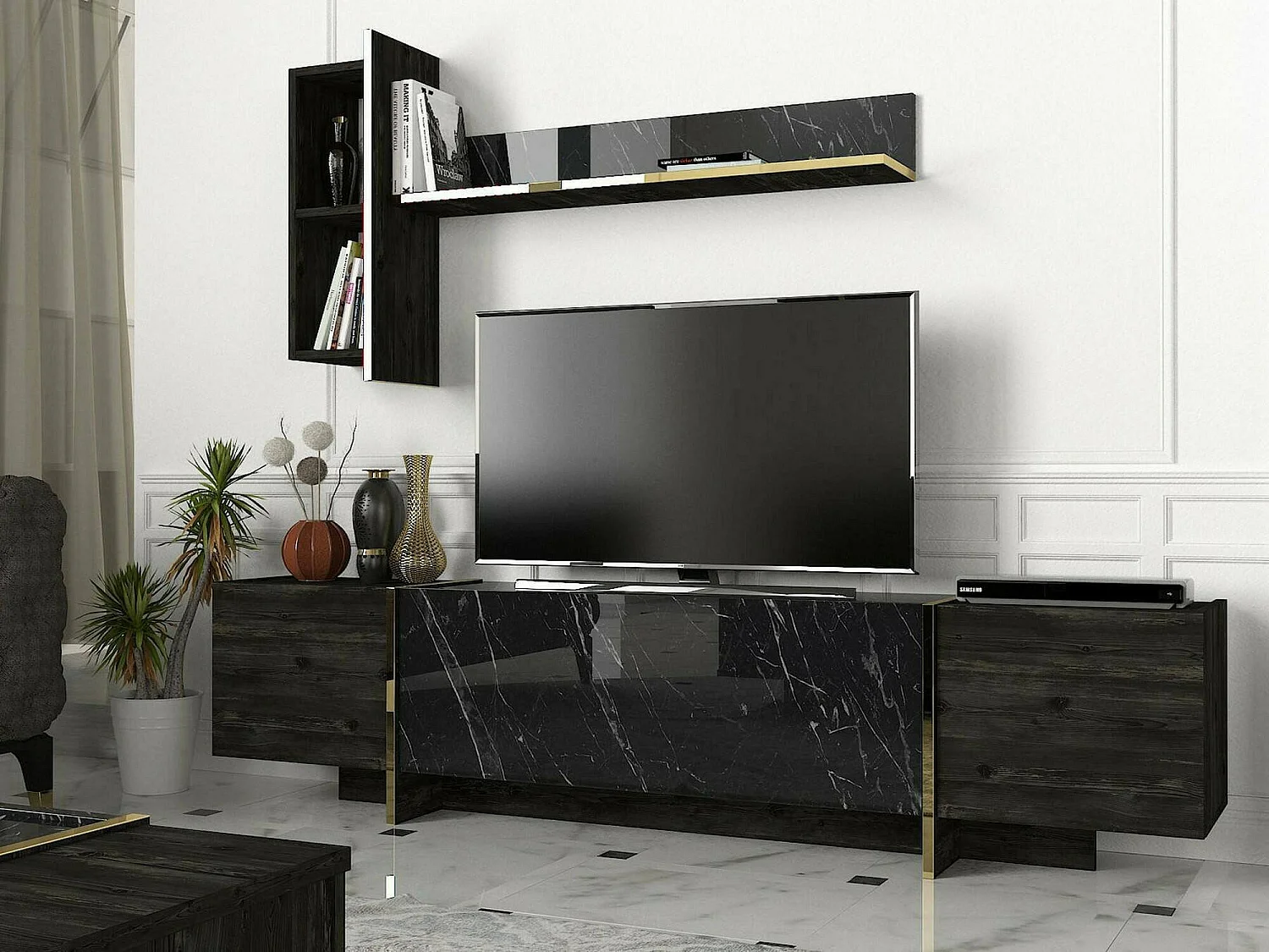 Meuble TV Neptura, Buffet de salon, Armoire basse pour TV, Base murale de rangement, 180x32h45 cm, Noir et Or