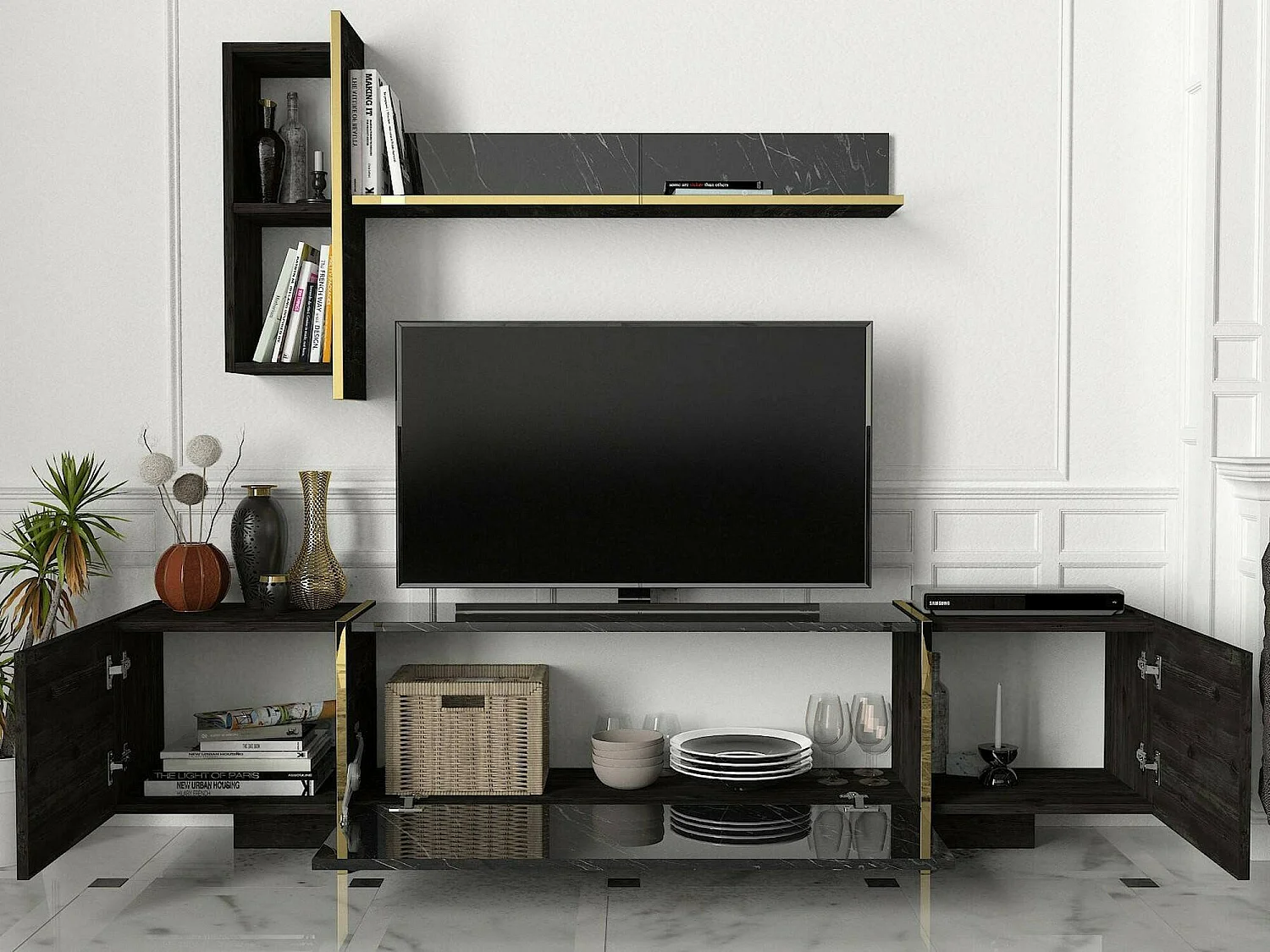 Fernsehschrank Dpascutt, Ständer für Wohnzimmerfernseher, Niedriges Wohnzimmer-Sideboard, TV-Ständerbasis, 180x32h45 cm, Schwarz und Gold