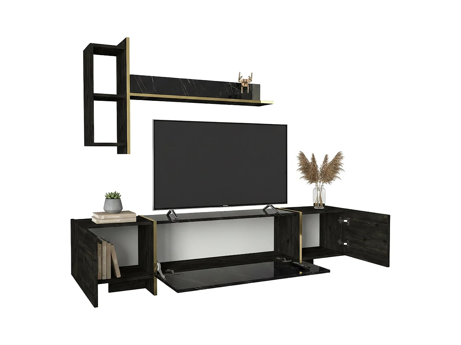Meuble TV Neptura, Buffet de salon, Armoire basse pour TV, Base murale de rangement, 180x32h45 cm, Noir et Or