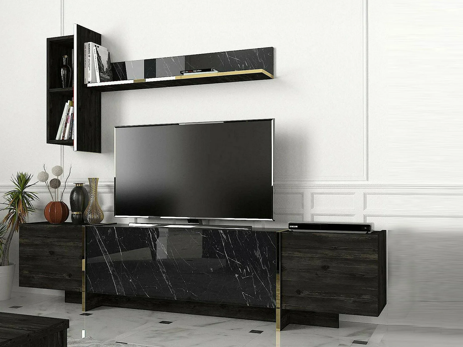 Meuble TV Neptura, Buffet de salon, Armoire basse pour TV, Base murale de rangement, 180x32h45 cm, Noir et Or