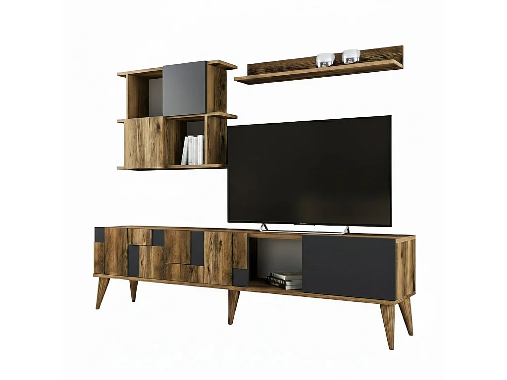 Docchiut tv-meubel, woonkamermeubel, lage tv-meubel, wandstandaard, 180x34h49 cm, walnoot en antraciet