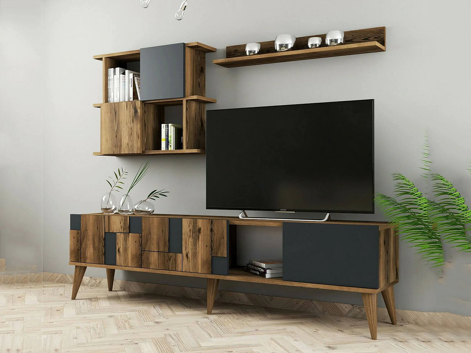 Docchiut tv-meubel, woonkamermeubel, lage tv-meubel, wandstandaard, 180x34h49 cm, walnoot en antraciet