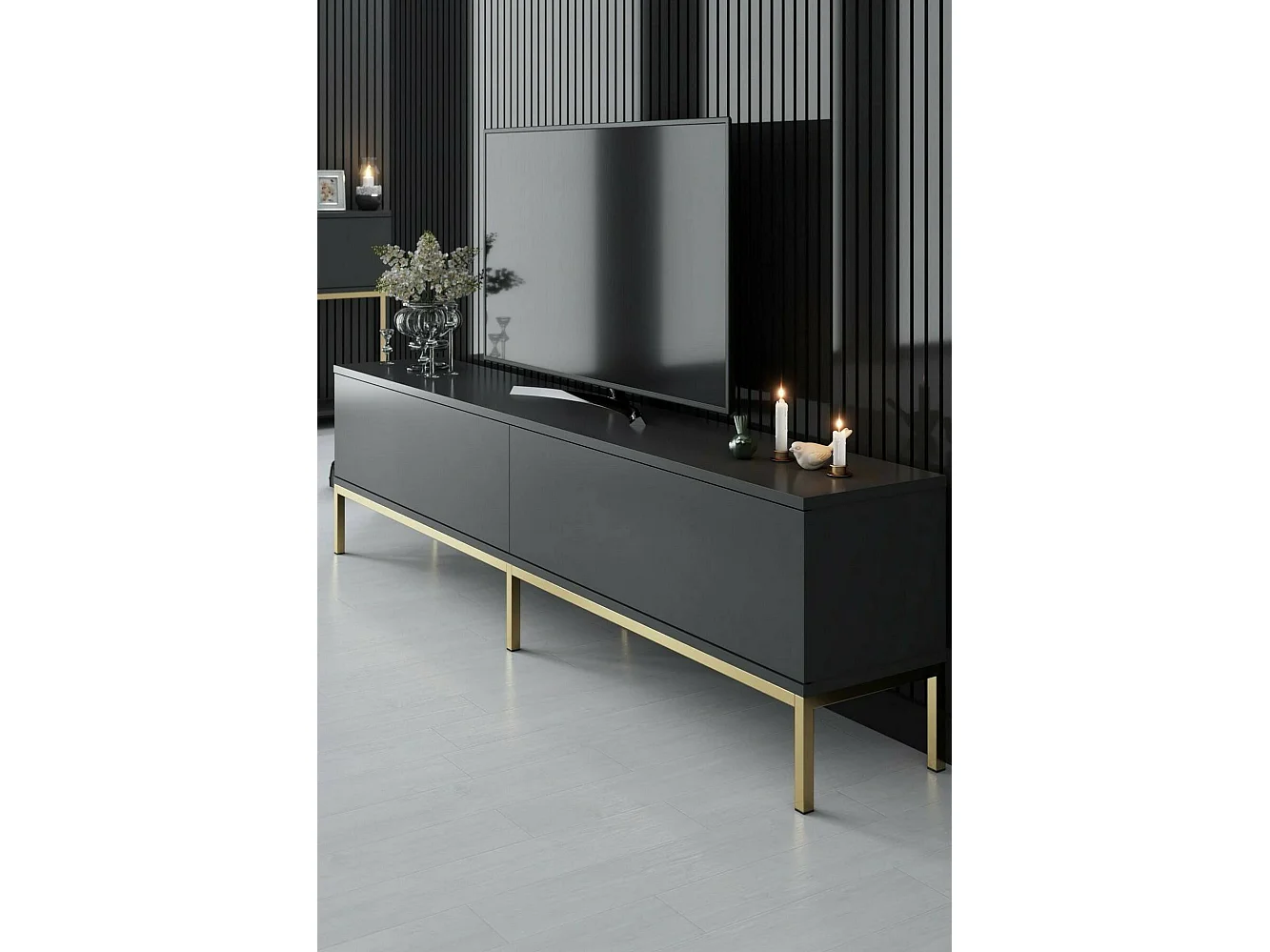Dpetrell TV kast, Woonkamer dressoir, Lage TV kast, Ingebouwde wandvoet, 180x30h47 cm, Antraciet en Goud