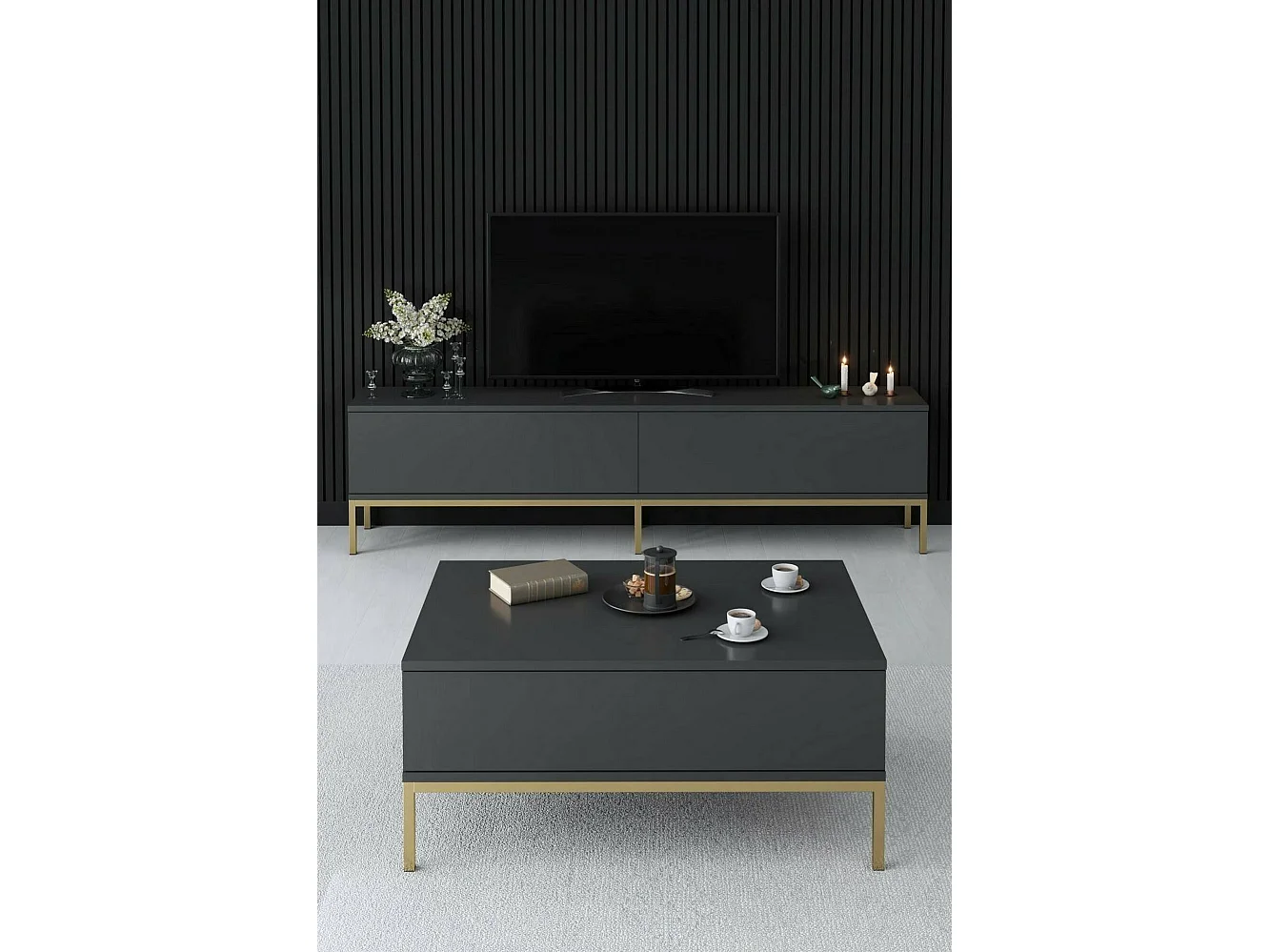 TV-meubel Espero, één plank, 180x30x47h cm antracietzwart, 2 deuren, 2 vakken