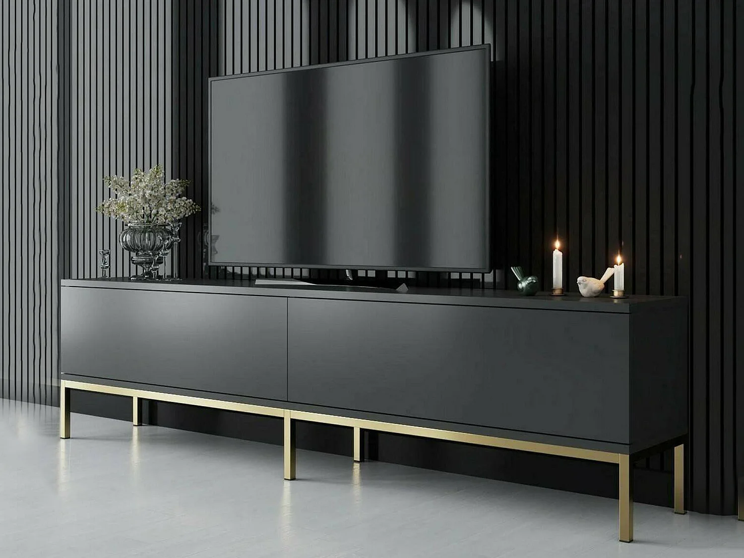TV-Möbel Espero, ein Regalboden, 180x30x47h cm Schwarz-Anthrazit, 2 Türen, 2 Fächer