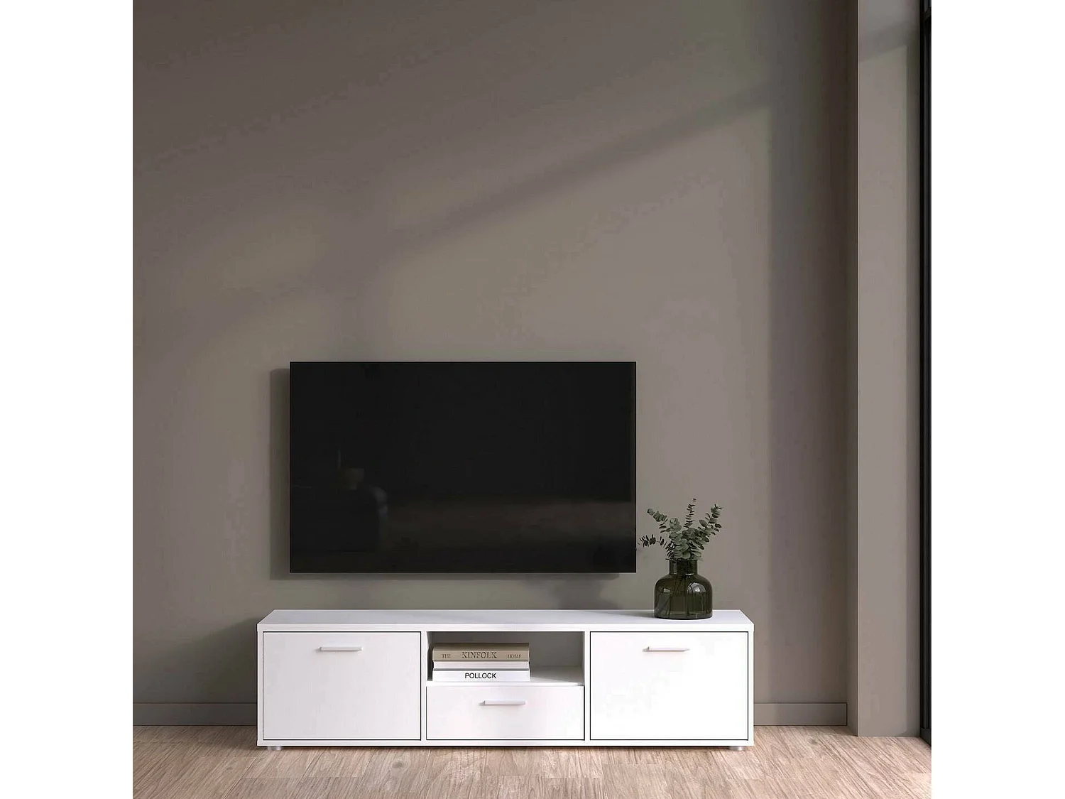 Meuble TV Dthorsb, Buffet de salon, Armoire basse pour TV, Base murale de rangement, 147x40 h38 cm, Blanc