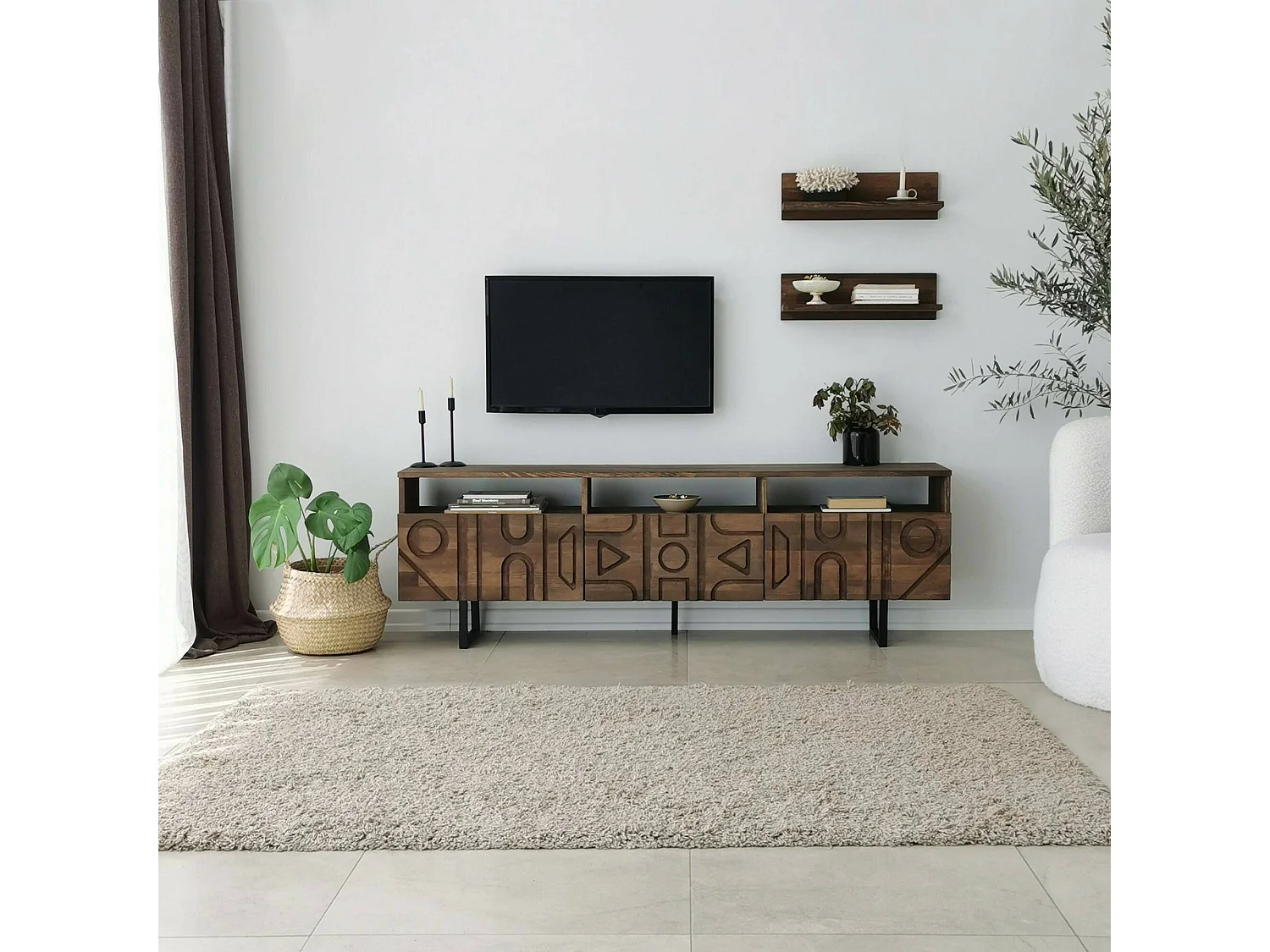 Meuble TV Novastra, Buffet de salon, Armoire basse pour TV, Base murale de rangement, 170x30h40 cm, Noyer