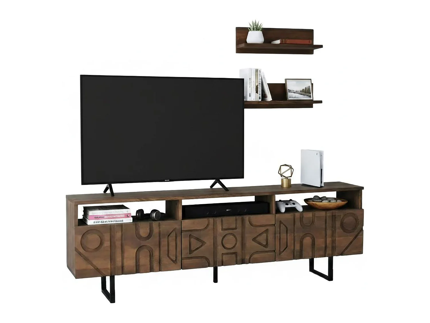 Meuble TV Novastra, Buffet de salon, Armoire basse pour TV, Base murale de rangement, 170x30h40 cm, Noyer