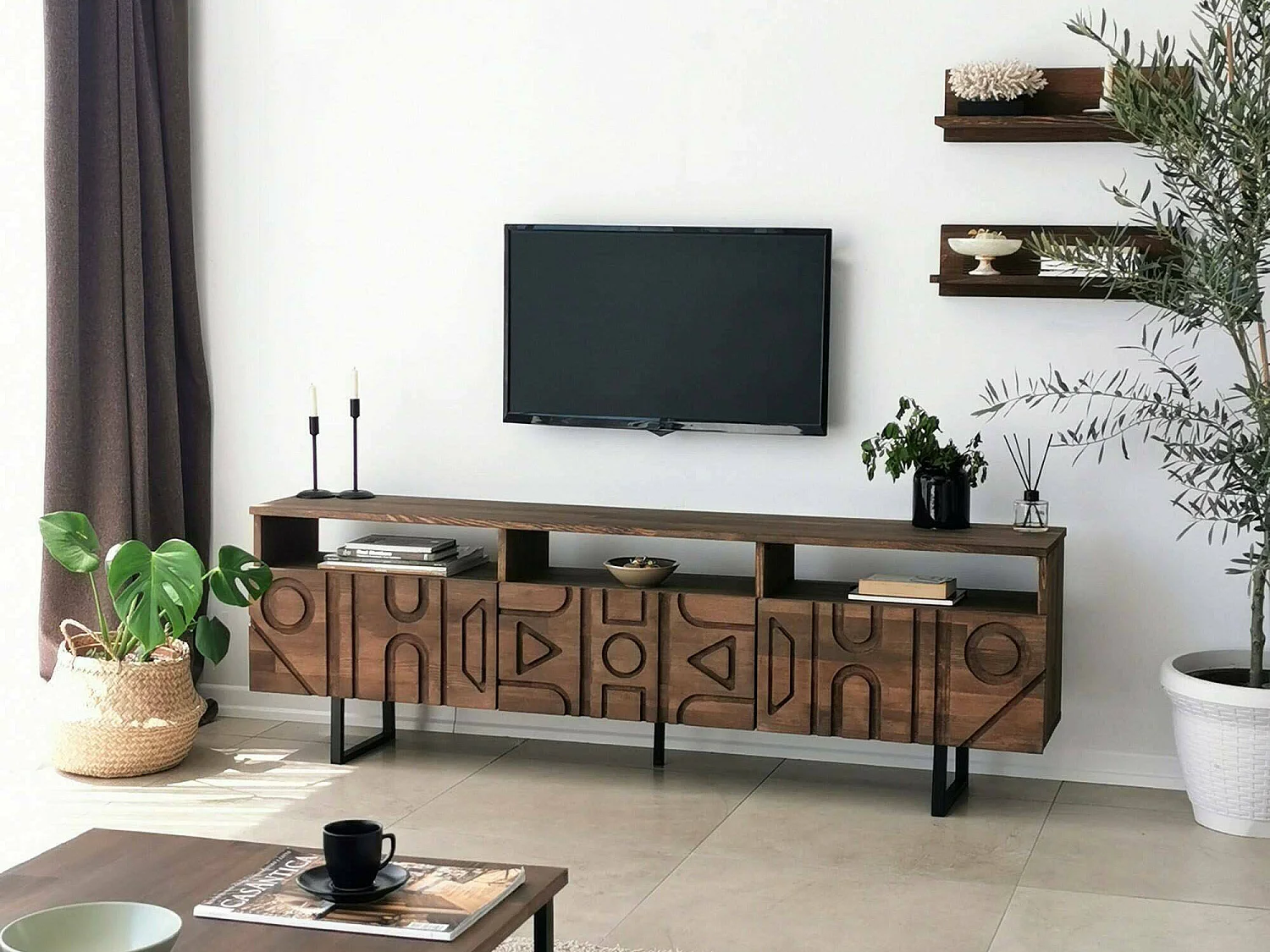 Meuble TV Novastra, Buffet de salon, Armoire basse pour TV, Base murale de rangement, 170x30h40 cm, Noyer