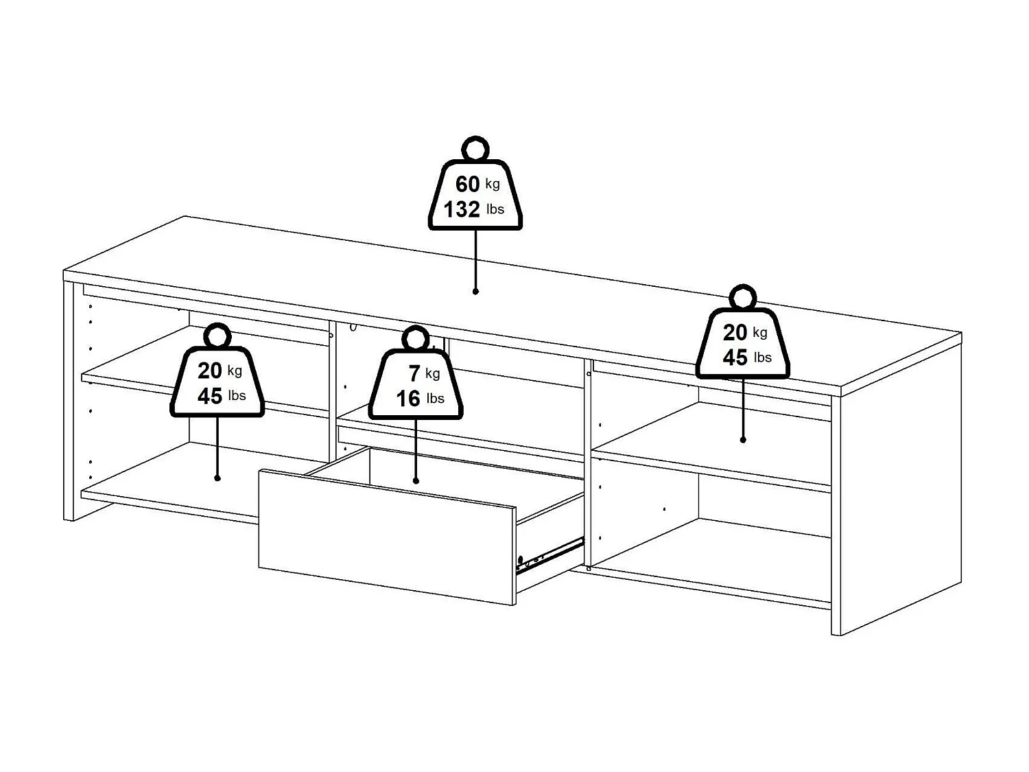 Móvel TV Dtessior, Aparador sala, Armário baixo para TV, Base de parede equipada, 179x48 h52 cm, Carvalho e Branco