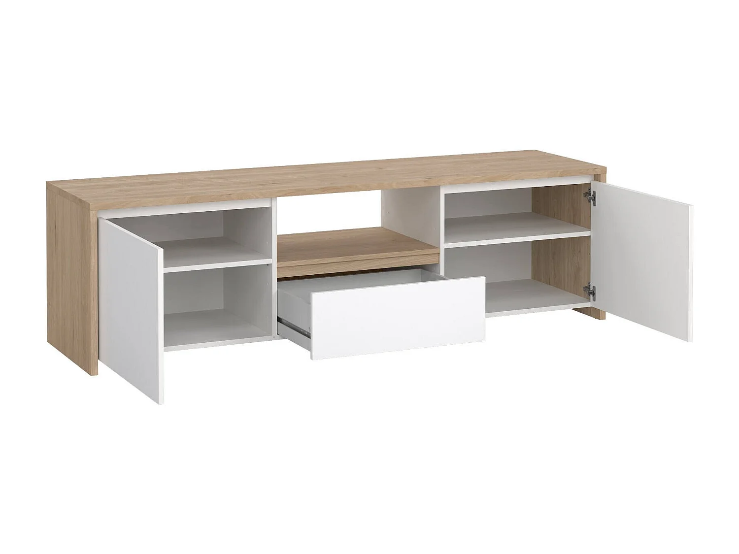 Meuble TV Dtessior, Buffet de salon, Armoire basse pour TV, Base murale de rangement, 179x48 h52 cm, Chêne clair et Blanc