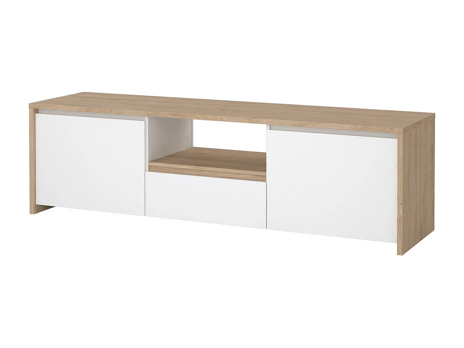 Meuble TV Dtessior, Buffet de salon, Armoire basse pour TV, Base murale de rangement, 179x48 h52 cm, Chêne clair et Blanc