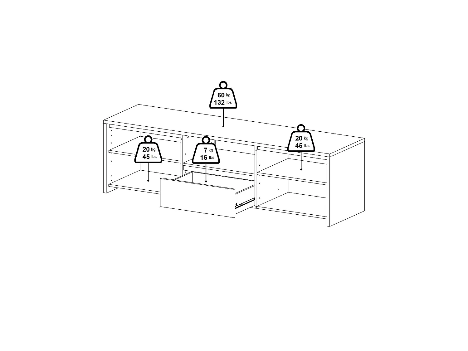 Meuble TV Dtessior, Buffet de salon, Armoire basse pour TV, Base murale de rangement, 179x48 h52 cm, Chêne clair et Blanc