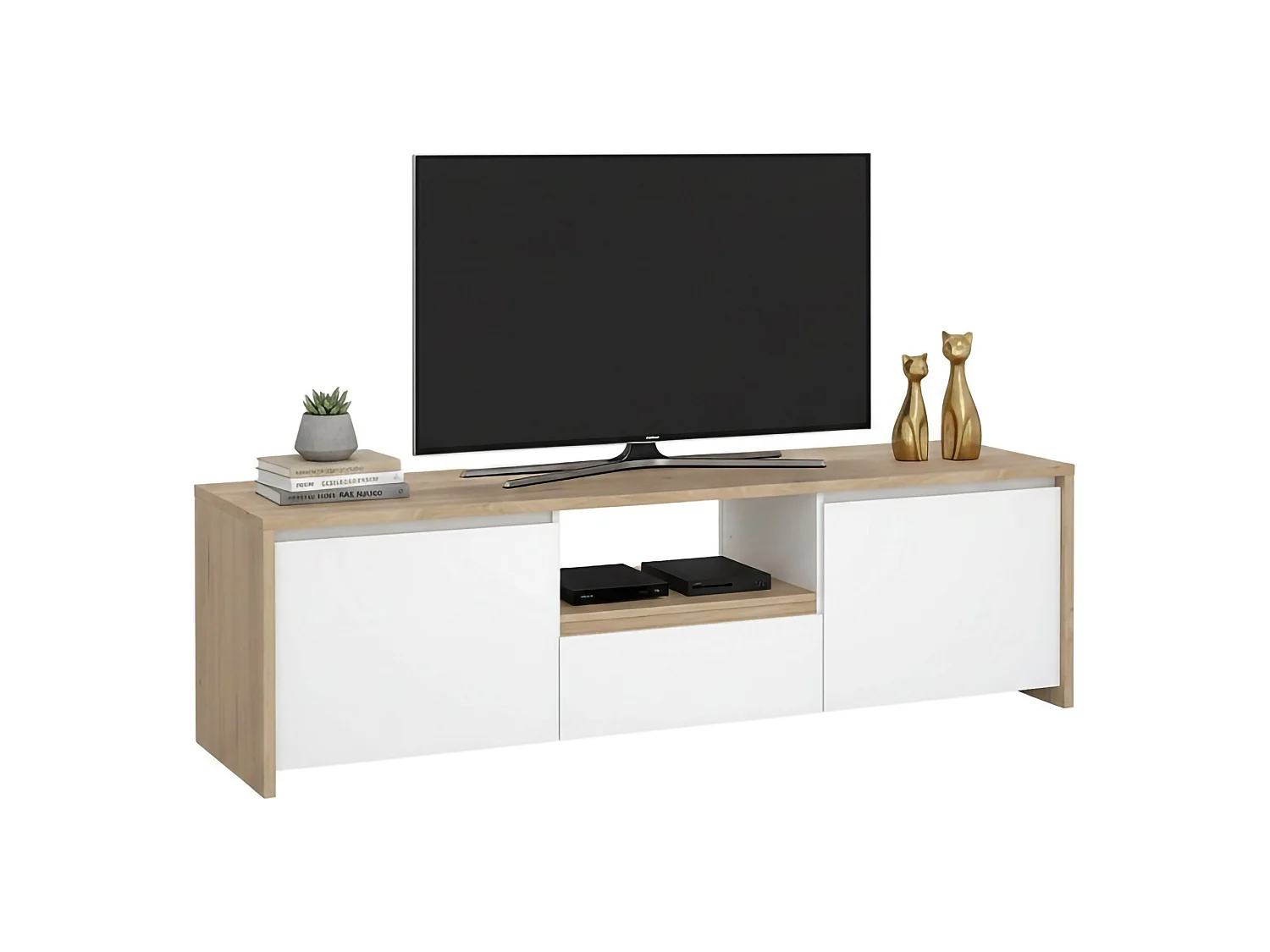 Meuble TV Dtessior, Buffet de salon, Armoire basse pour TV, Base murale de rangement, 179x48 h52 cm, Chêne clair et Blanc