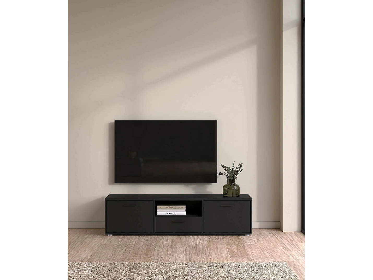 Dthorsb TV-meubel, Woonkamerdressoir, Lage tv-kast, Voorzien van wandbasis, 147x40 h38 cm, Zwart