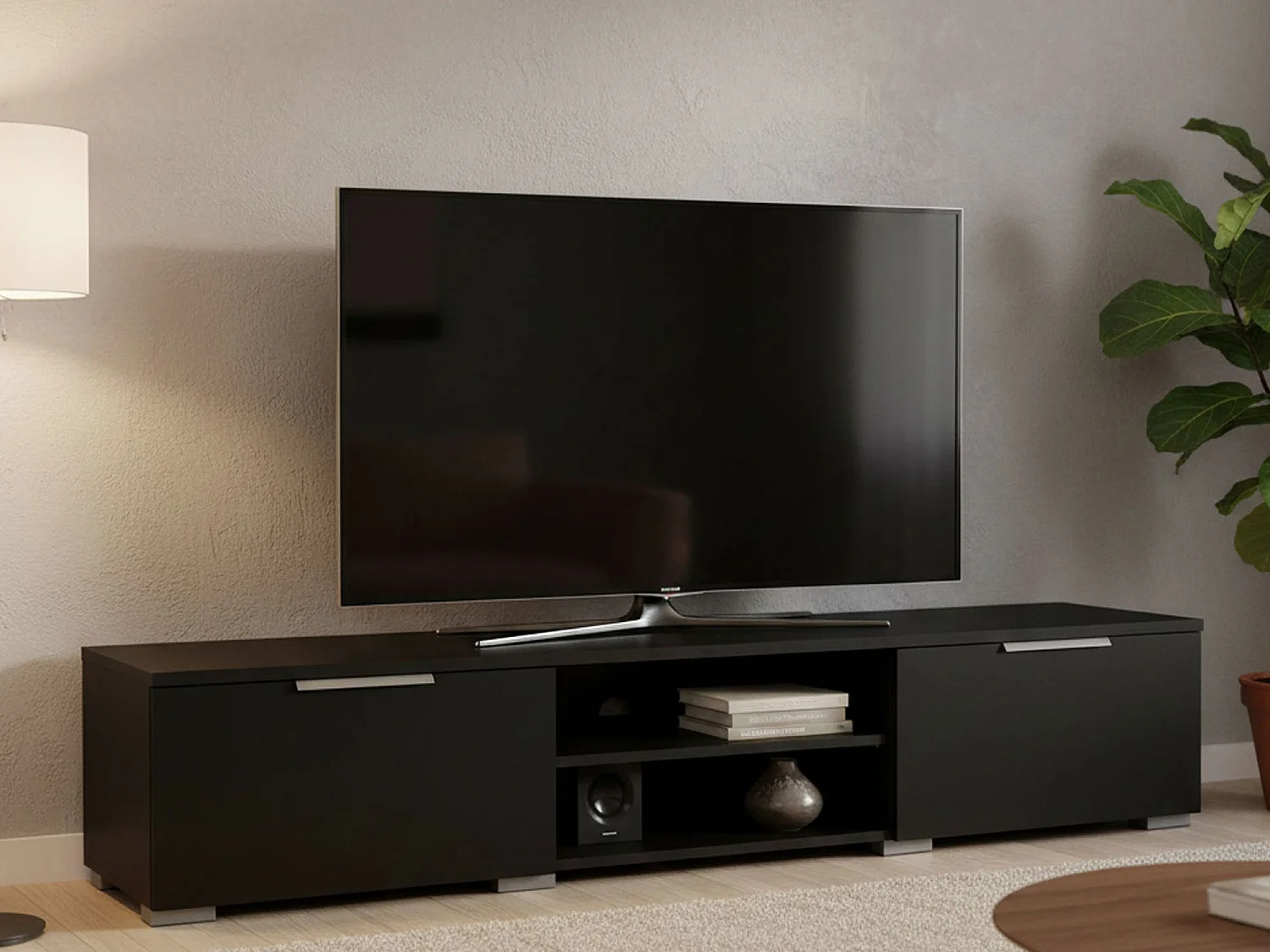 Meuble TV Dtheat, Buffet de salon, Armoire basse pour TV, Base murale de rangement, 173x40 h33 cm, Noir