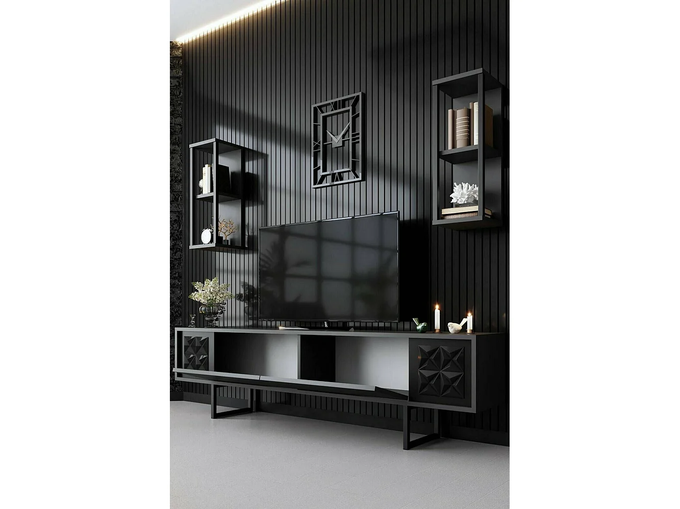 Fernsehschrank Dmiggian, Ständer für Wohnzimmerfernseher, Niedriges Wohnzimmer-Sideboard, TV-Ständerbasis, 180x30h48 cm, Anthrazit und Schwarz