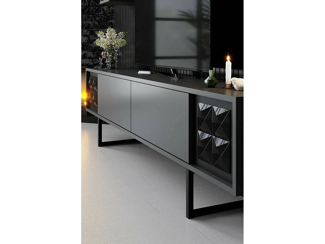 Fernsehschrank Dmiggian, Ständer für Wohnzimmerfernseher, Niedriges Wohnzimmer-Sideboard, TV-Ständerbasis, 180x30h48 cm, Anthrazit und Schwarz