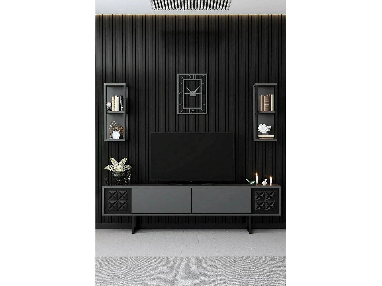 Fernsehschrank Dmiggian, Ständer für Wohnzimmerfernseher, Niedriges Wohnzimmer-Sideboard, TV-Ständerbasis, 180x30h48 cm, Anthrazit und Schwarz
