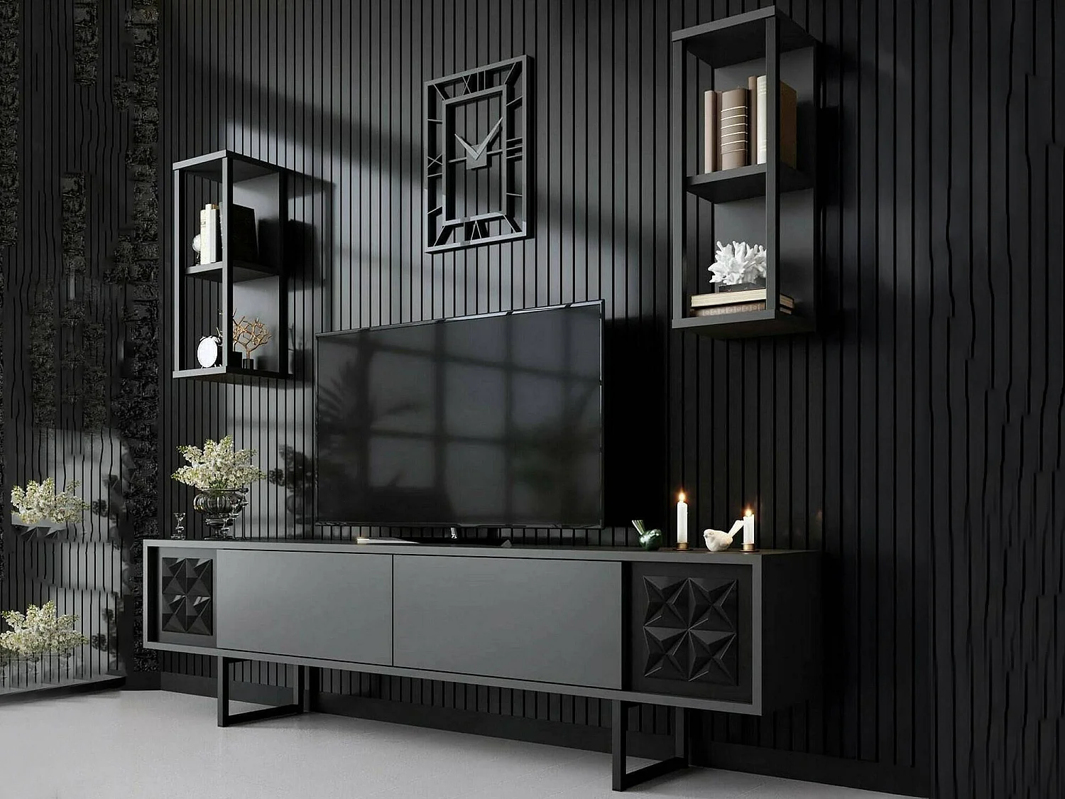 Fernsehschrank Dmiggian, Ständer für Wohnzimmerfernseher, Niedriges Wohnzimmer-Sideboard, TV-Ständerbasis, 180x30h48 cm, Anthrazit und Schwarz