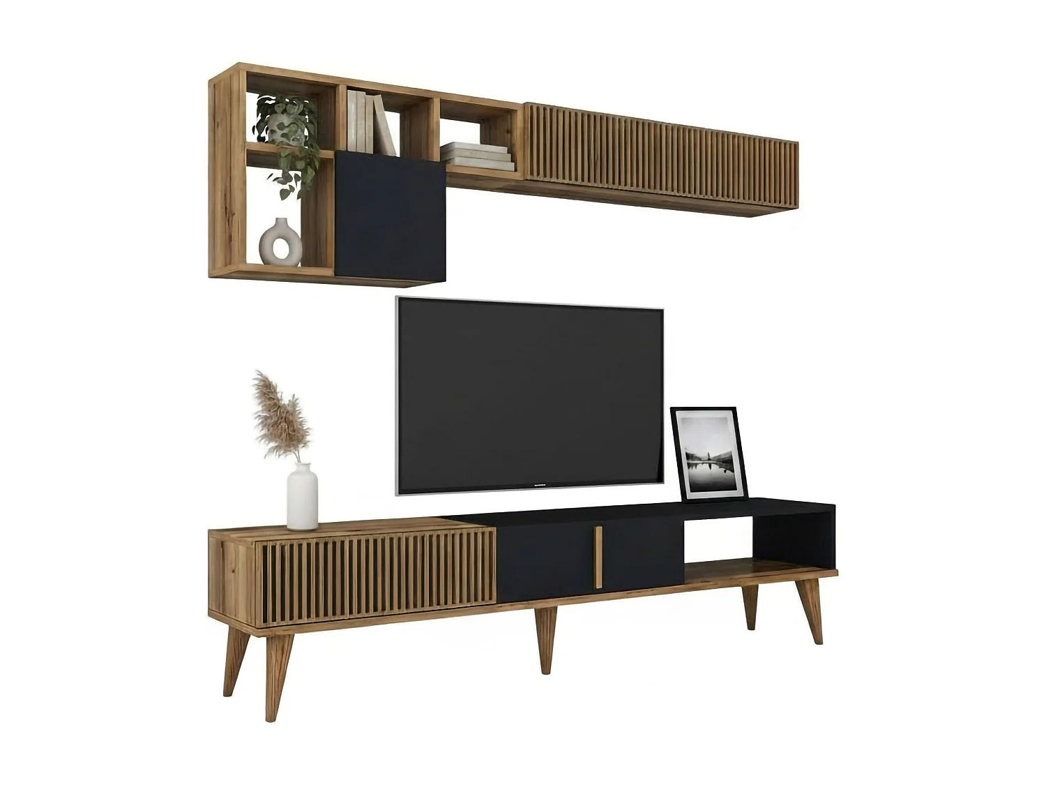 Dmalavas inbouwwand, Woonkamersamenstelling, Multifunctionele woonkamerkast, TV kast, 180x35h40 cm, Walnoot en Antraciet