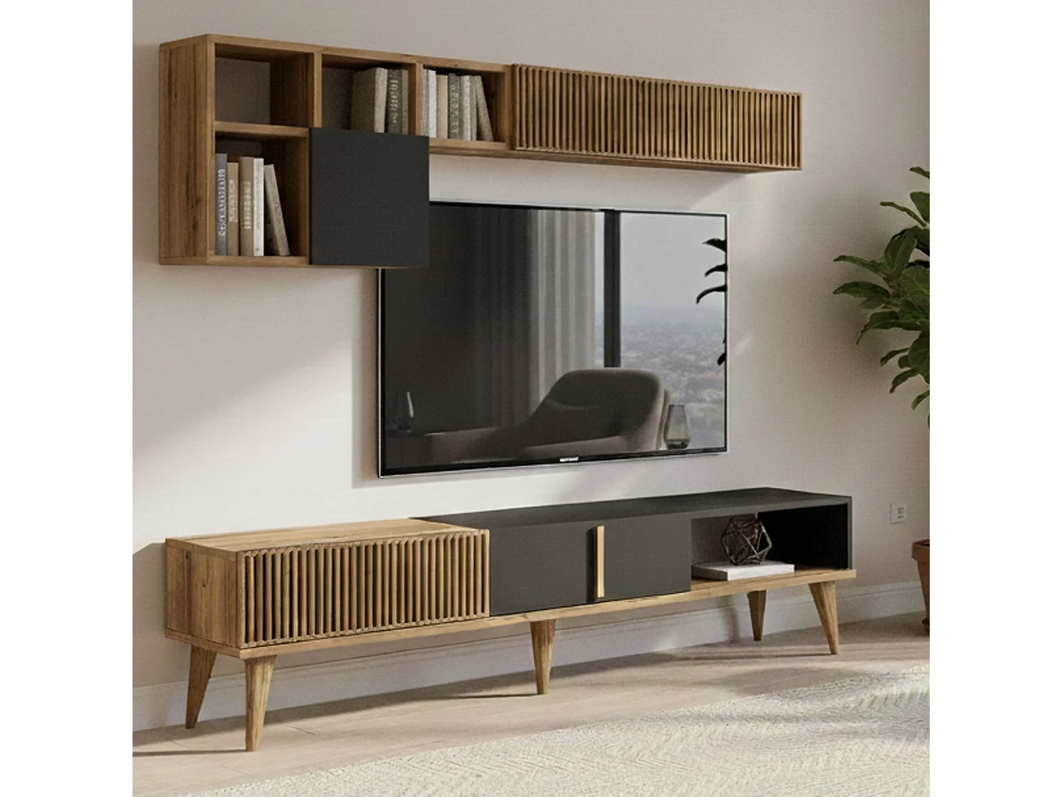 Dmalavas inbouwwand, Woonkamersamenstelling, Multifunctionele woonkamerkast, TV kast, 180x35h40 cm, Walnoot en Antraciet