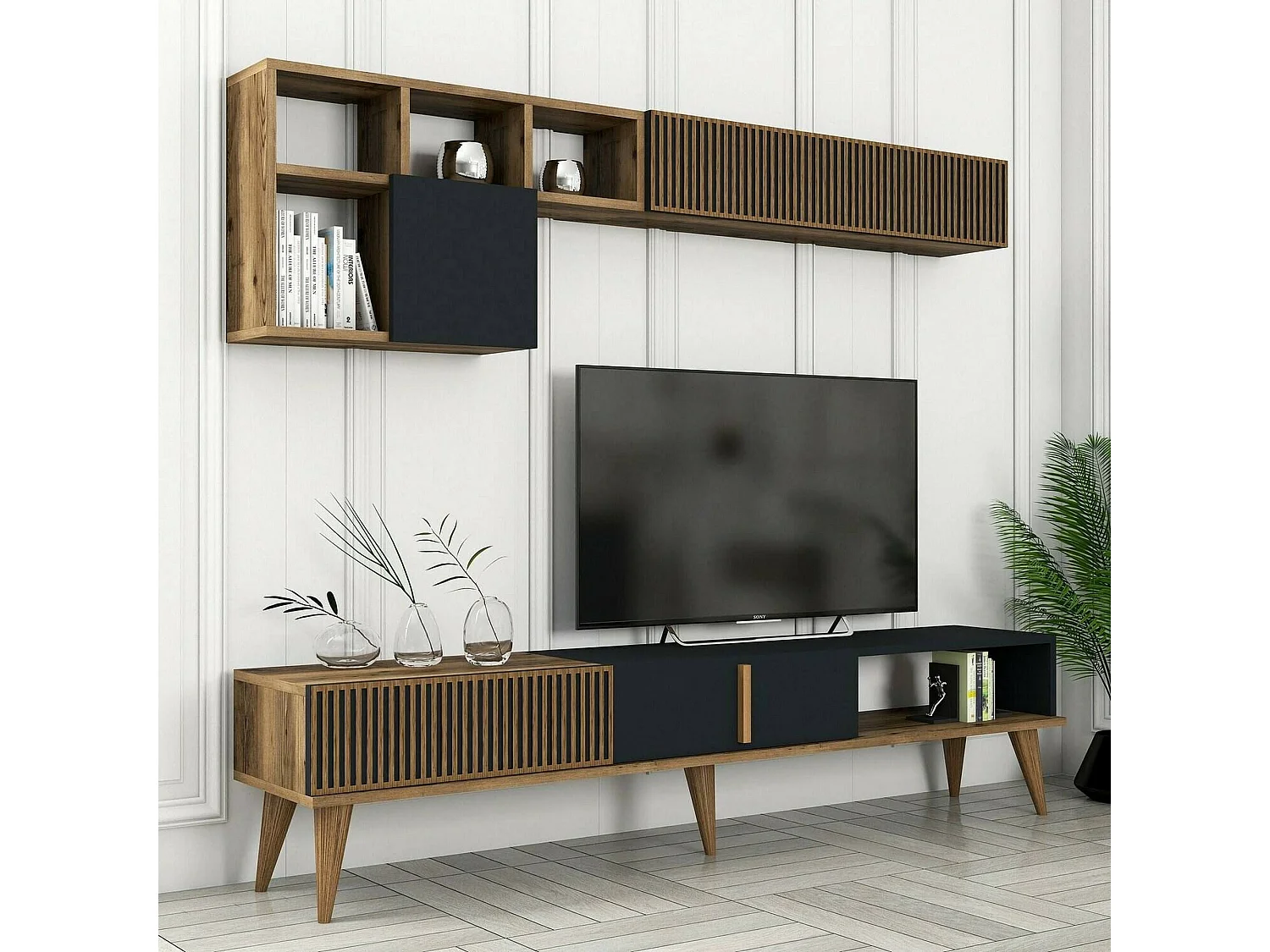 Dmalavas inbouwwand, Woonkamersamenstelling, Multifunctionele woonkamerkast, TV kast, 180x35h40 cm, Walnoot en Antraciet